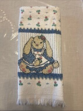 Plush Bunny Embroidered Hand Towel - Cream and Blue